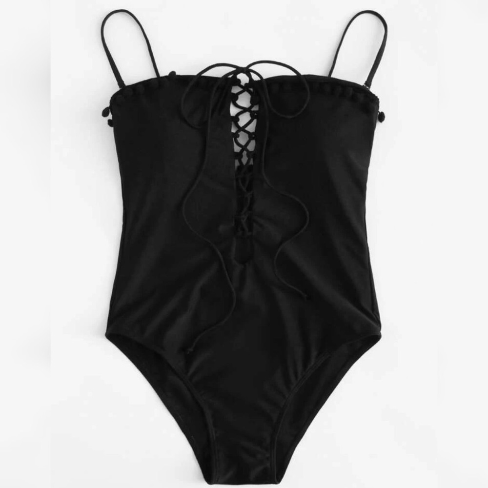 NWOT Lace Up One Piece Swimsuit Black